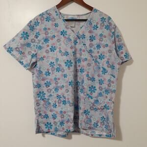 SB Scrubs Floral Print Mock Wrap Scrub Top Size Large Nursing Medical